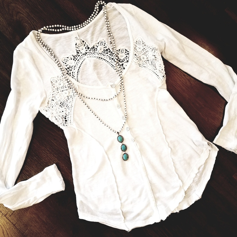 Free People Embroidered Henley Top Boho SZ S